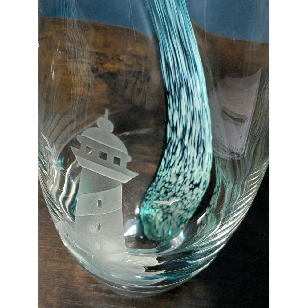 Lenox Barrel Etched Teal Vase Swirl Wave Lighthouse Crystal/Cut Glass 8